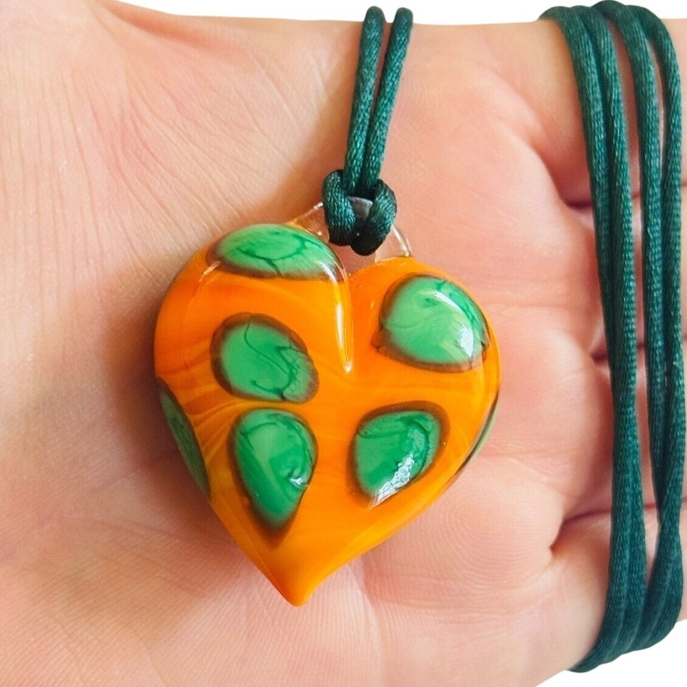 VTG Venetian Murano Polka Dot Heart Necklace Glass Italy Green Orange BOHO Retro